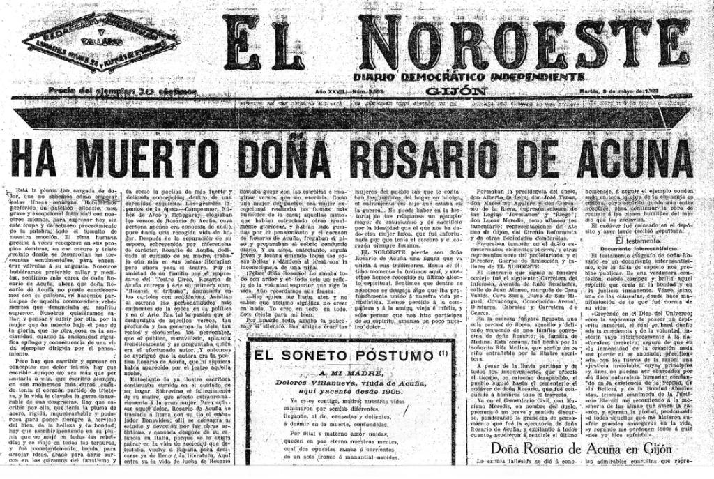 Información de la muerte de Rosario de Acuña publicada en El Noroeste
